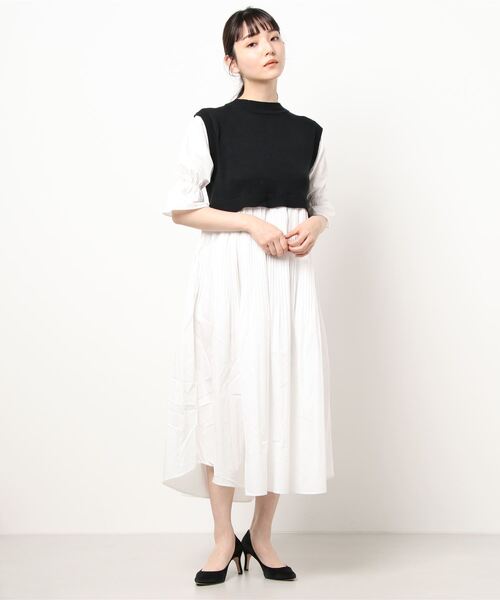 KOBE LETTUCE（コウベレタス）の「消しプリーツニットドッキングワンピース（ワンピース・レディース・ブラック×ホワイト/ベージュ系その他・FREE）」の5枚目の写真