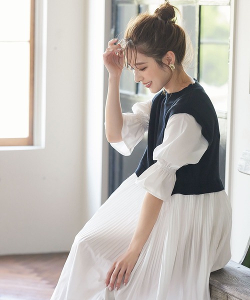 KOBE LETTUCE（コウベレタス）の「消しプリーツニットドッキングワンピース（ワンピース・レディース・ブラック×ホワイト/ベージュ系その他・FREE）」の7枚目の写真