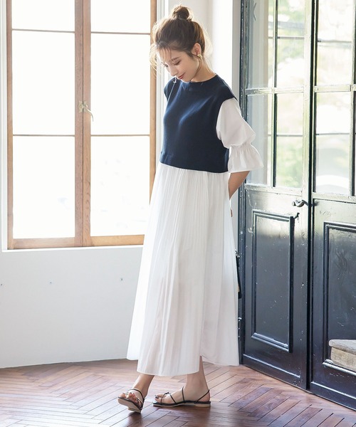 KOBE LETTUCE（コウベレタス）の「消しプリーツニットドッキングワンピース（ワンピース・レディース・ブラック×ホワイト/ベージュ系その他・FREE）」の8枚目の写真