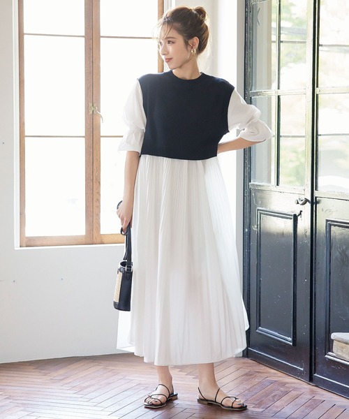 KOBE LETTUCE（コウベレタス）の「消しプリーツニットドッキングワンピース（ワンピース・レディース・ブラック×ホワイト/ベージュ系その他・FREE）」の9枚目の写真