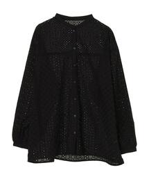 レース刺繍バンドカラーシャツ