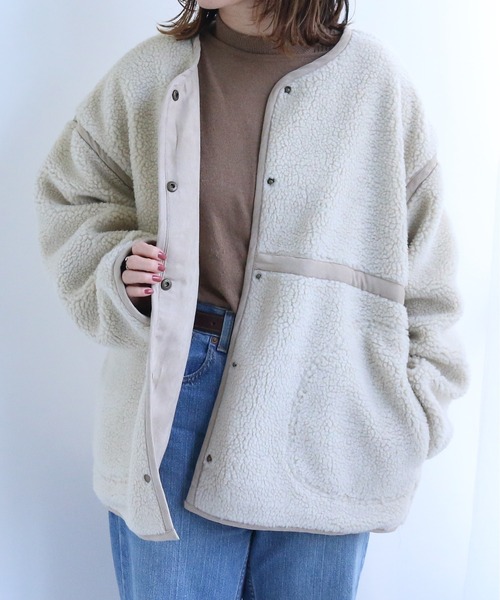 TRIANGLE PALETTE（トライアングルパレット）の「ボアパイピングリバーシブルジャケット（ノーカラージャケット・レディース・ブラック/ベージュ/アイボリー/モカ・FREE）」の12枚目の写真