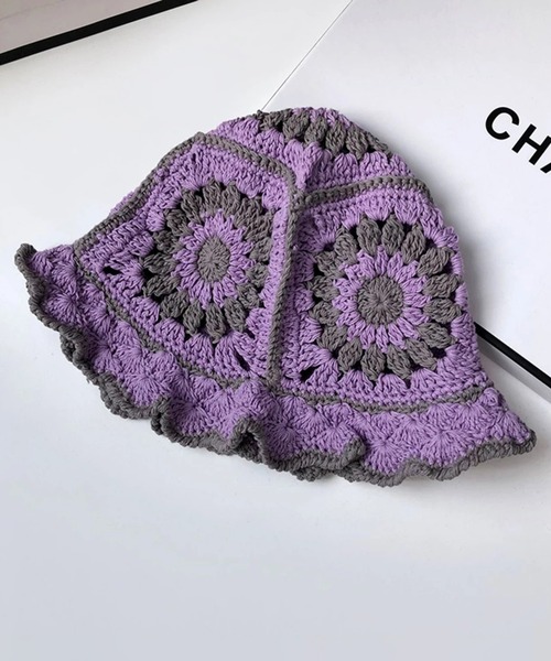 Revo.（レボ）の「フラワー クロシェ かぎ編み コットン ニットハット（ハット・レディース・ブルー/ネイビー/アイボリー/ブラック/パープル・FREE）」の9枚目の写真