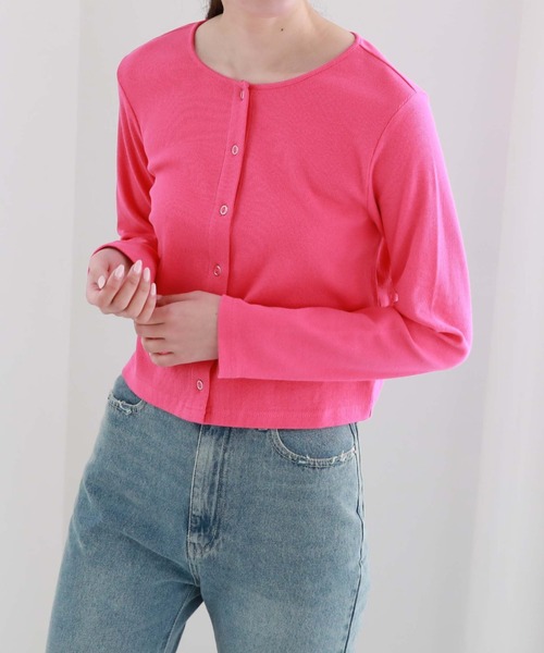 archives(アルシーヴ)の「リブショートカーディガン(カーディガン/ボレロ・レディース・ブラック/パープル/オフホワイト/グリーン/オレンジ/ピンク・MEDIUM)」の6枚目の写真