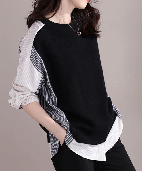 LOPASS(ロパス)の「ストライプ 異素材切り替えトップス(Tシャツ/カットソー・レディース・ブラック・MEDIUM/LARGE)」の1枚目の写真