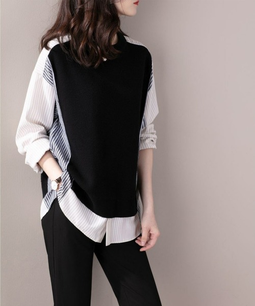 LOPASS(ロパス)の「ストライプ 異素材切り替えトップス(Tシャツ/カットソー・レディース・ブラック・MEDIUM/LARGE)」の3枚目の写真