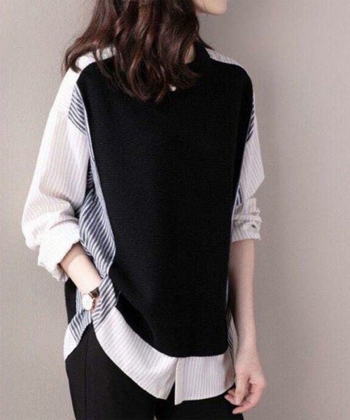 LOPASS(ロパス)の「ストライプ 異素材切り替えトップス(Tシャツ/カットソー・レディース・ブラック・MEDIUM/LARGE)」の5枚目の写真