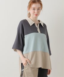 異素材ポロ衿5分袖プルオーバー