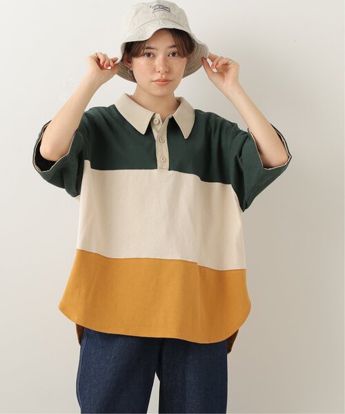 DOUBLE NAME（ダブルネーム）の「異素材ポロ衿5分袖プルオーバー（ポロシャツ・レディース・グリーン/スミクロ/キナリ・FREE）」の3枚目の写真