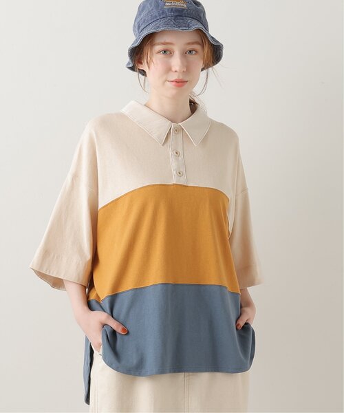 DOUBLE NAME（ダブルネーム）の「異素材ポロ衿5分袖プルオーバー（ポロシャツ・レディース・グリーン/スミクロ/キナリ・FREE）」の2枚目の写真