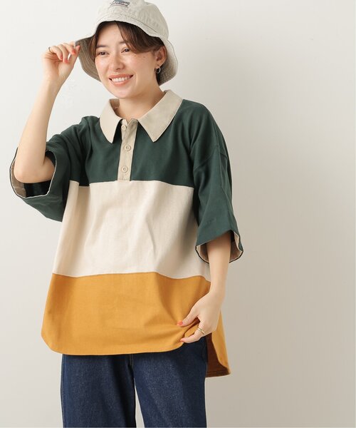 DOUBLE NAME（ダブルネーム）の「異素材ポロ衿5分袖プルオーバー（ポロシャツ・レディース・グリーン/スミクロ/キナリ・FREE）」の4枚目の写真