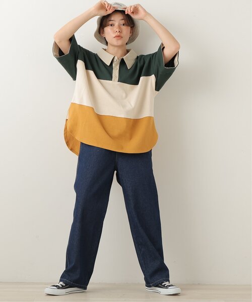 DOUBLE NAME（ダブルネーム）の「異素材ポロ衿5分袖プルオーバー（ポロシャツ・レディース・グリーン/スミクロ/キナリ・FREE）」の5枚目の写真