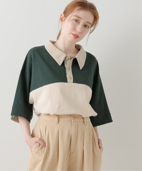 DOUBLE NAME（ダブルネーム）の「異素材ポロ衿5分袖プルオーバー（ポロシャツ・レディース・グリーン/スミクロ/キナリ・FREE）」の6枚目の写真