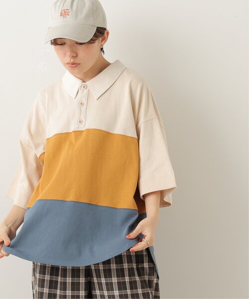 DOUBLE NAME（ダブルネーム）の「異素材ポロ衿5分袖プルオーバー（ポロシャツ・レディース・グリーン/スミクロ/キナリ・FREE）」の12枚目の写真