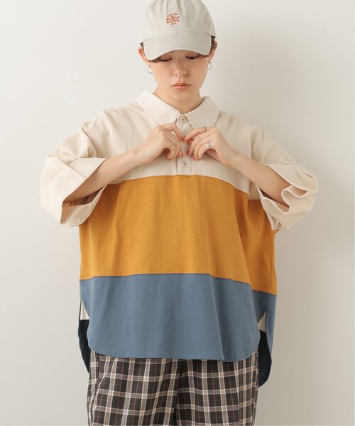 DOUBLE NAME（ダブルネーム）の「異素材ポロ衿5分袖プルオーバー（ポロシャツ・レディース・グリーン/スミクロ/キナリ・FREE）」の13枚目の写真