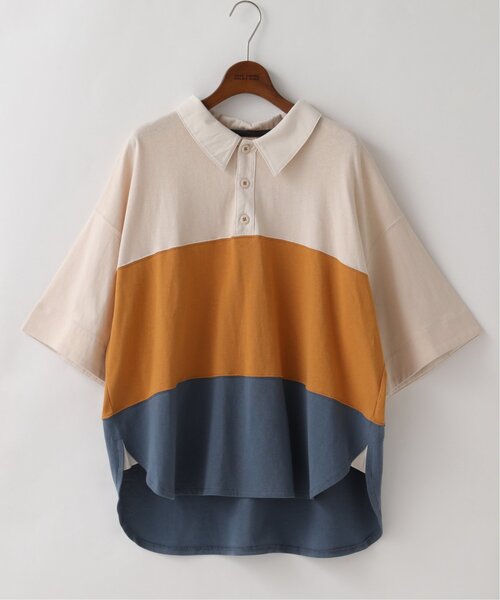 DOUBLE NAME（ダブルネーム）の「異素材ポロ衿5分袖プルオーバー（ポロシャツ・レディース・グリーン/スミクロ/キナリ・FREE）」の15枚目の写真