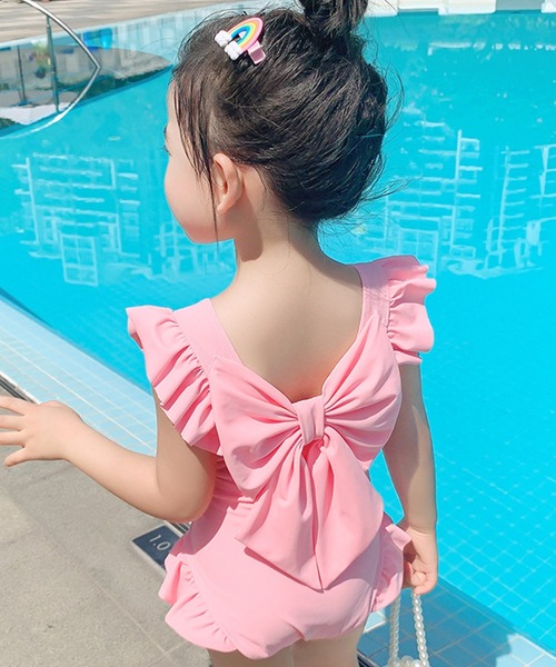 TeddyShop(テディショップ)の「キッズ水着 フリルバックリボンワンピース風オールインワンスイムウェア(水着・レディース・ピンク/ブルー・100cm/110cm/120cm/130cm/140cm)」の1枚目の写真
