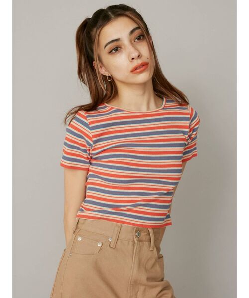 EVRIS（エヴリス）の「マルチボーダーTEE（Tシャツ/カットソー・レディース・オレンジ/グリーン・FREE）」の2枚目の写真