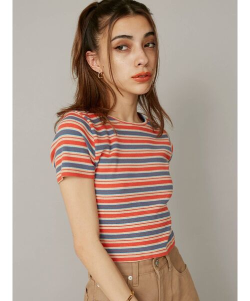 EVRIS（エヴリス）の「マルチボーダーTEE（Tシャツ/カットソー・レディース・オレンジ/グリーン・FREE）」の3枚目の写真