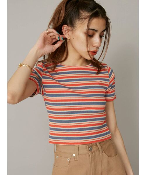 EVRIS（エヴリス）の「マルチボーダーTEE（Tシャツ/カットソー・レディース・オレンジ/グリーン・FREE）」の4枚目の写真