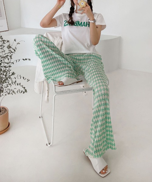 新品【あいみょん着用】X-girl チェックフレアパンツM グリーン緑レディース 美品 あいみょん着用 X-girl ワイド イージーパンツ グリーン チェック
