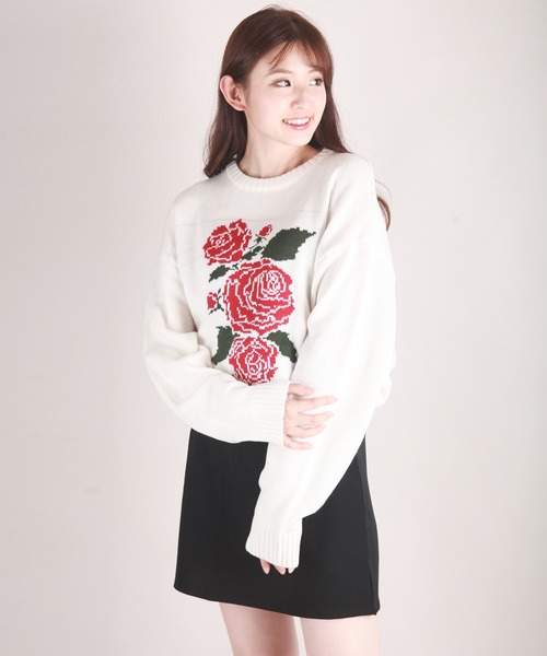 WESTSEA（ウエストシー）の「バラ柄ジャガード 花柄 オーバーサイズニット（ニット/セーター・メンズ・ブラック/チャコール/オフホワイト・M/L）」の15枚目の写真