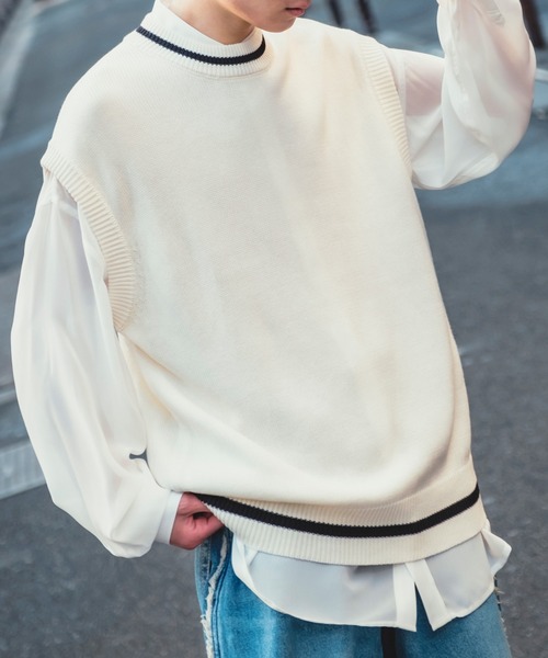 NULL（ヌル）の「【NULL】ライン クルーネック ベスト（ベスト・メンズ・オフホワイト/ライトブルー/ブラック・LARGE/MEDIUM）」の2枚目の写真