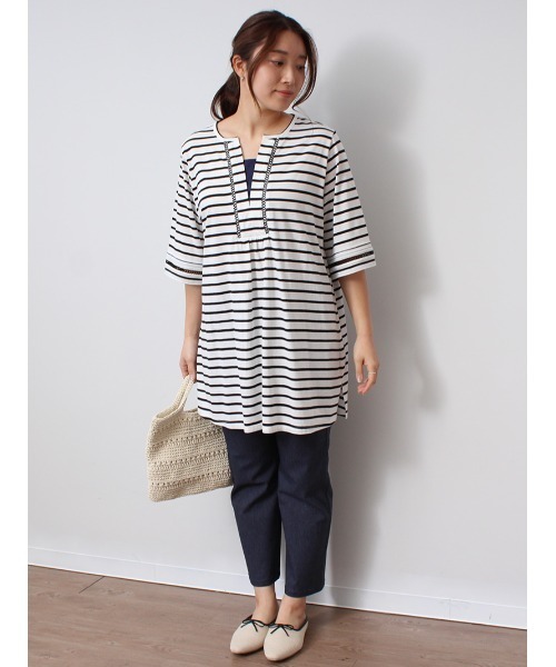 MB mint breeze(エムビーミントブリーズ)の「【Web&一部店舗限定】 【LL~6L 大きいサイズ】ハシゴレース ボーダー チュニック(チュニック・レディース・ネイビー/オフホワイト/カーキ・LL/3L/4L/5L/6L)」の7枚目の写真