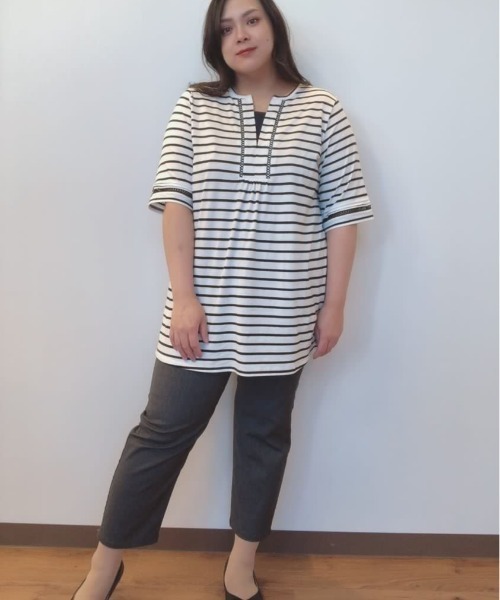 MB mint breeze(エムビーミントブリーズ)の「【Web&一部店舗限定】 【LL~6L 大きいサイズ】ハシゴレース ボーダー チュニック(チュニック・レディース・ネイビー/オフホワイト/カーキ・LL/3L/4L/5L/6L)」の22枚目の写真