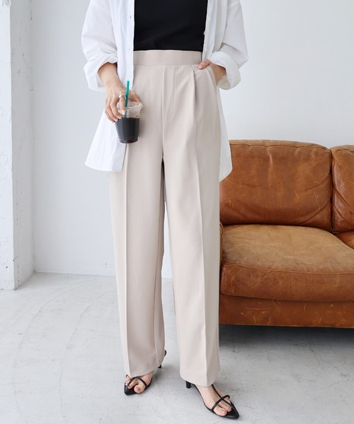 andme（アンドミー）の「梨地ポンチ2タックワイドパンツ（スラックス・レディース・ブラック/ネイビー/ライトベージュ/グレイッシュベージュ/ブルーグリーン・L/M）」の3枚目の写真