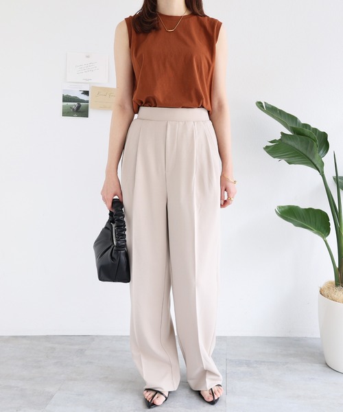 andme（アンドミー）の「梨地ポンチ2タックワイドパンツ（スラックス・レディース・ブラック/ネイビー/ライトベージュ/グレイッシュベージュ/ブルーグリーン・L/M）」の6枚目の写真