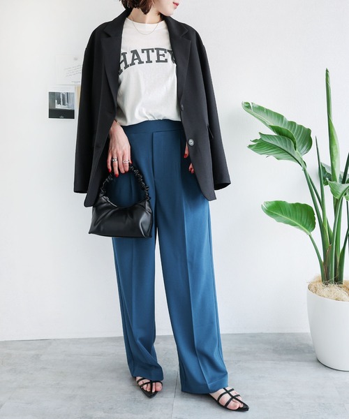 andme（アンドミー）の「梨地ポンチ2タックワイドパンツ（スラックス・レディース・ブラック/ネイビー/ライトベージュ/グレイッシュベージュ/ブルーグリーン・L/M）」の7枚目の写真