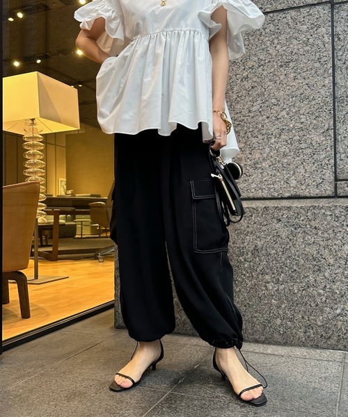DouDou」 カーゴパンツ SMALL ブラック レディース サテンカーゴパンツ