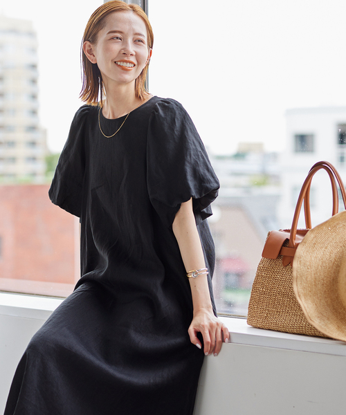 リネンパフスリーブマキシワンピース