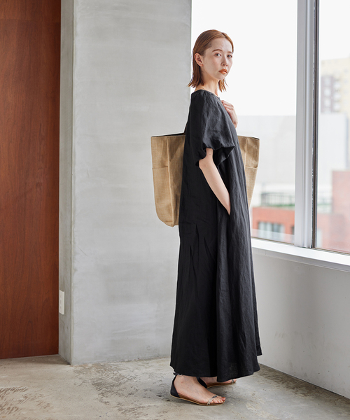 リネンパフスリーブマキシワンピース