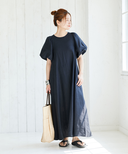 リネンパフスリーブマキシワンピース