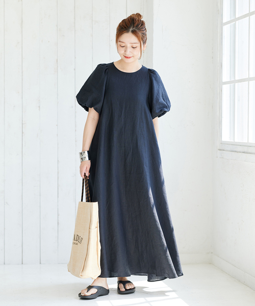リネンパフスリーブマキシワンピース