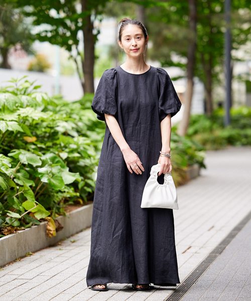 リネンパフスリーブマキシワンピース
