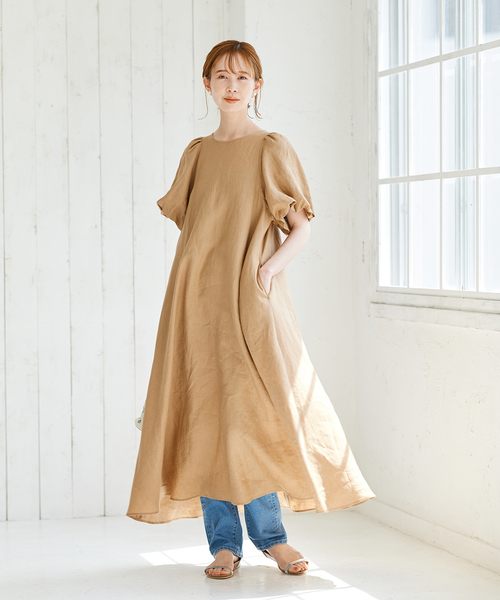 リネンパフスリーブマキシワンピース