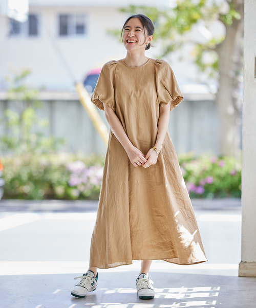 リネンパフスリーブマキシワンピース