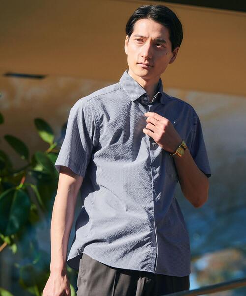 green label relaxing(グリーンレーベルリラクシング)の「ラッカン サッカーチェック スタンダード ドレスシャツ -ストレッチ・イージーアイロン・吸水速乾-(ビジネスシャツ・メンズ・ターコイズブルー/ネイビー・S/M/L/XL)」の4枚目の写真