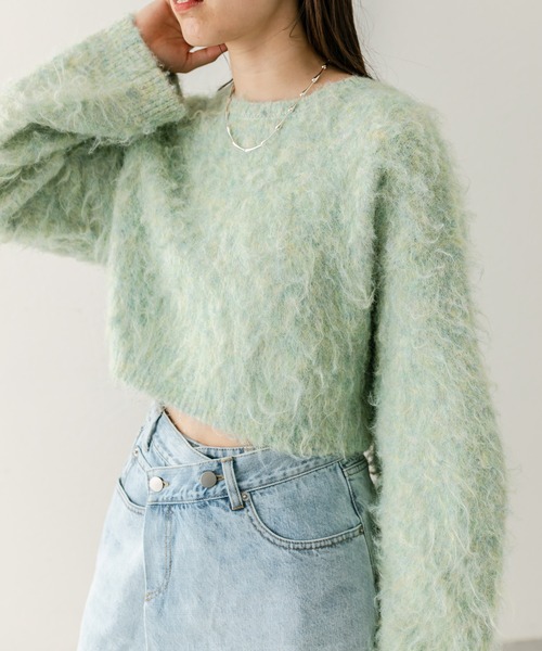 mystic（ミスティック）の「ウールシャギーショートニット（ニット/セーター・レディース・レッド/チャコールグレー/ブルー/ピンク/オフホワイト/グリーン/イエロー・FREE）」の4枚目の写真