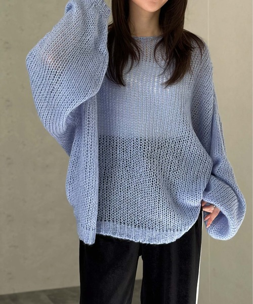 Per sist ence(パーシエンス)の「【新色入荷】透かし編みプルオーバー(ニット/セーター・レディース・ブラック/アイボリー/チャコールグレー/ブルー/グレー/ピンク/レッド/杢グレー/オレンジ/オリーブ・FREE)」の1枚目の写真