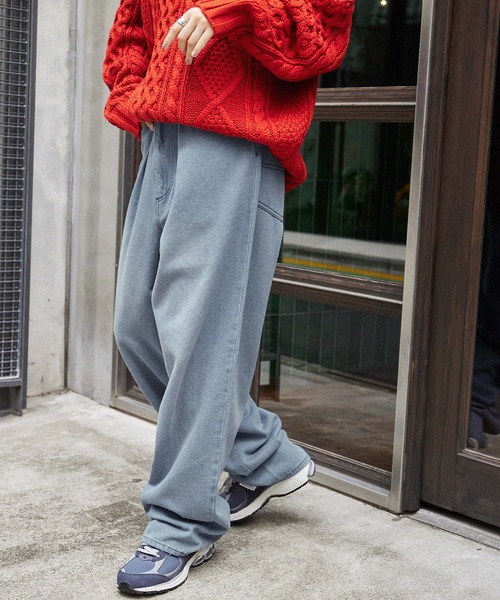 フェード加工 デニムパンツ ワイドシルエット 体型カバー 春夏 ヴィンテージライクフェード加工カラーワイドデニムパンツ