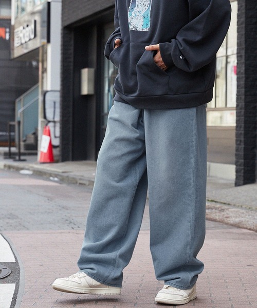 ヴィンテージライクフェード加工カラーワイドデニムパンツ（デニム