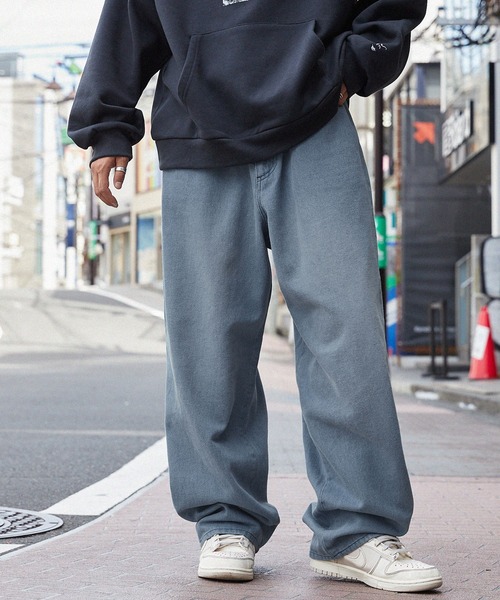 QS86 ペイント加工 グレー ワイドデニムパンツ デニムパンツ メンズ V系 モード系 パンツ レディース ワイド