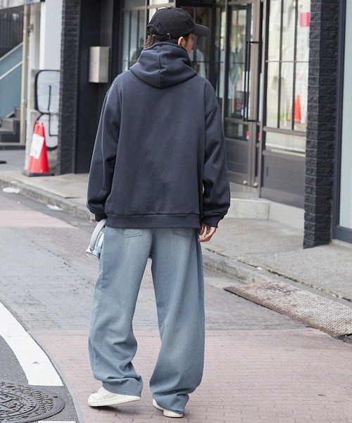 フェード加工 デニムパンツ ワイドシルエット 体型カバー 春夏 ヴィンテージライクフェード加工カラーワイドデニムパンツ