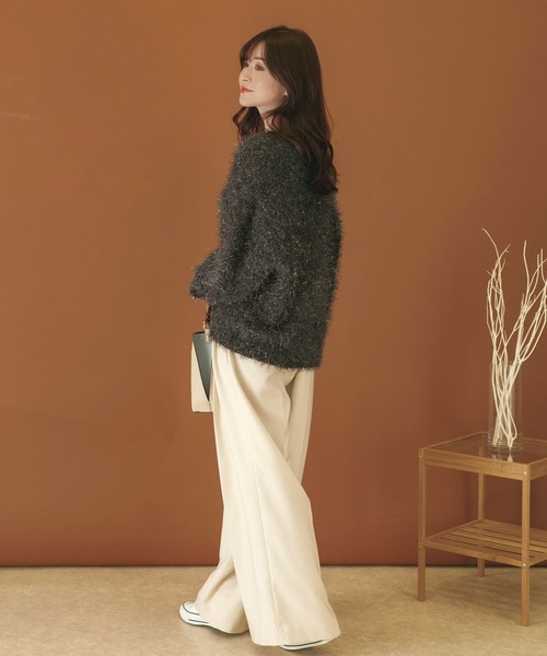 HEYUMM（ヘユム）の「Vネックラメフリンジセーター（ニット/セーター・レディース・ベージュ/ラベンダー/チャコールグレー・ONE）」の4枚目の写真