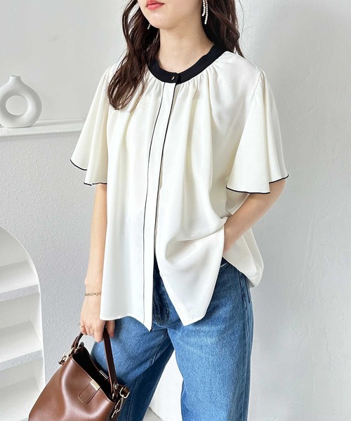 GeeRA（ジーラ）の「夏コーデに大活躍！前後2WAY配色フレアー袖ブラウス（シャツ/ブラウス・レディース・ベージュ/ブラック/アイボリー・SMALL/MEDIUM/LARGE/X-LARGE）」の4枚目の写真