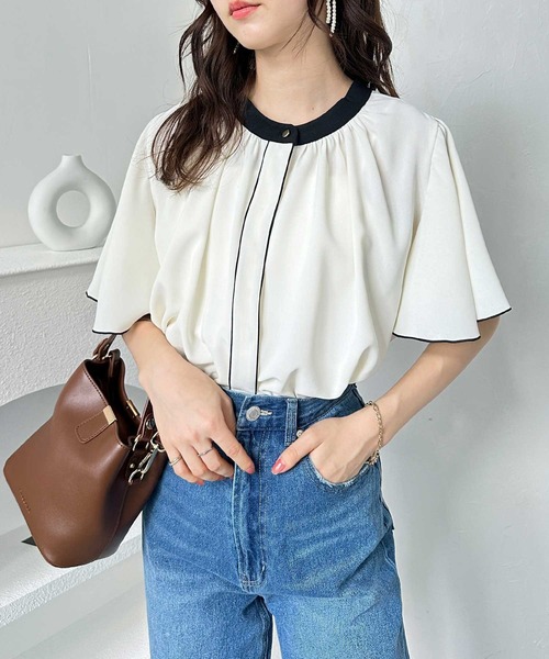 GeeRA（ジーラ）の「夏コーデに大活躍！前後2WAY配色フレアー袖ブラウス（シャツ/ブラウス・レディース・ベージュ/ブラック/アイボリー・SMALL/MEDIUM/LARGE/X-LARGE）」の5枚目の写真